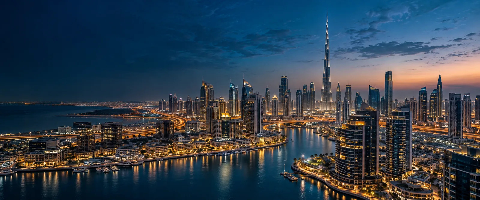 Vue illustrative de la skyline de Dubaï au crépuscule